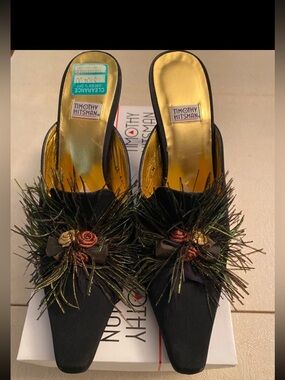 Timothy Hitsman Black Mules with Metallic-Green Fringe & Gold Insole and heel